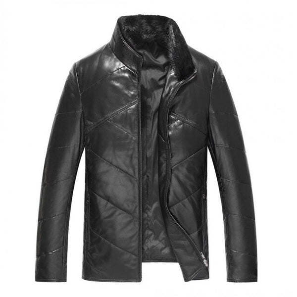 Brand Sheepskin Down Coat Men Slim Short Genuine Leather Jacket Stand Collar Winter Fleece Warm Casual Outerwear Plus Size 4XL