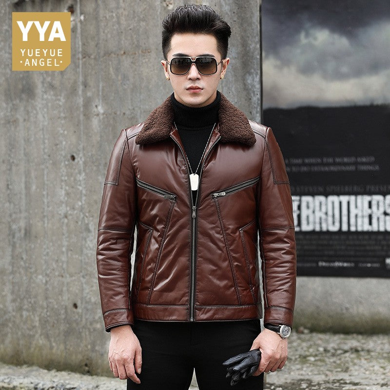 Men Wool Collar Cowhide Genuine Leather Jacket Winter Warm White Duck Down Coat Fashion Motorcycle Cow Leather Jacket Outwear