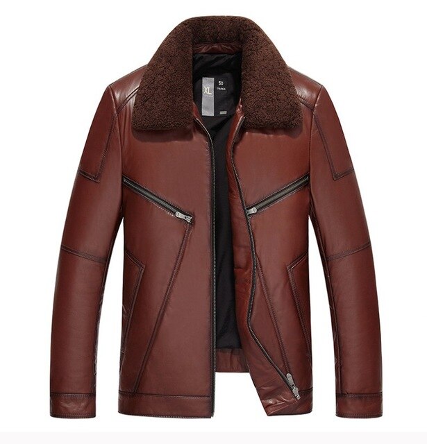 Men Wool Collar Cowhide Genuine Leather Jacket Winter Warm White Duck Down Coat Fashion Motorcycle Cow Leather Jacket Outwear