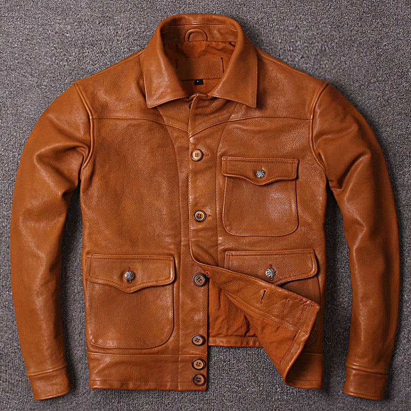 Solid Slim Vintage Genuine Leather Jacket Mens Classic Lapel Single Breasted 100% Cowhide Real Leather Coat Fashion Man Clothes