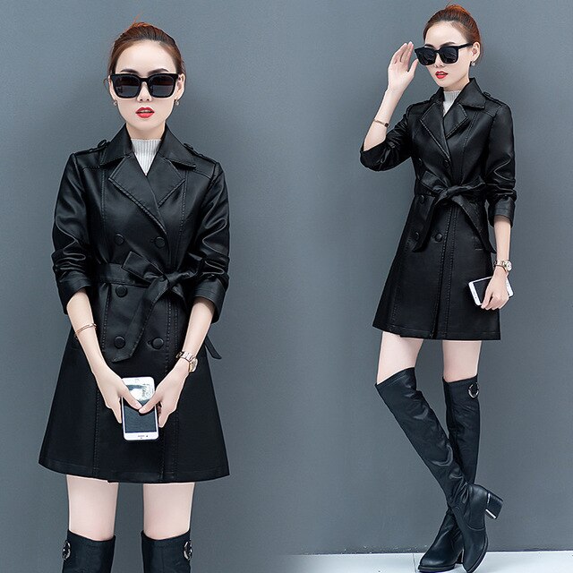 2019 Autumn and Winter Korean fashion faux black red leather jackets women black coa gothic plus size women coats Free shipping
