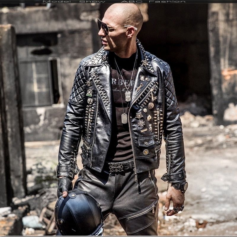 FERNER 2019 New Korean Men's Hip Hop Rivet Punk Lapel Leather Jacket Motorcycle Outside Zipper Handsome Leather Coat Jacket