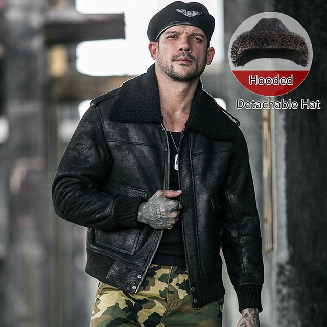 New Men's Shearling Jacket Sheepskin Coat Mens Motorcycle Coat Fur Parka Flight Jacket B3 B2 Aviator Genuine Leather Jacket Men