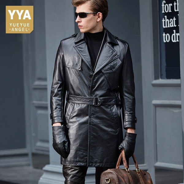 2019 New Fashion Men Cow Leather Jackets Windbreaker Black Sashes Belt Genuine Leather Long Coats Autumn Slim Fit Cowskin Trench