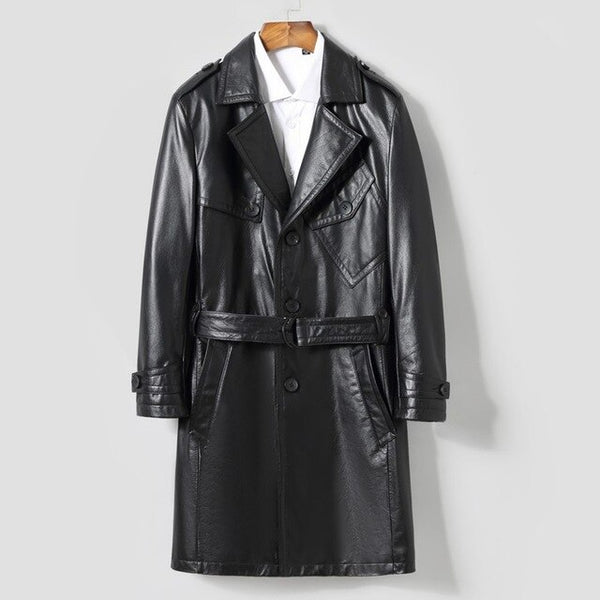 2019 New Fashion Men Cow Leather Jackets Windbreaker Black Sashes Belt Genuine Leather Long Coats Autumn Slim Fit Cowskin Trench