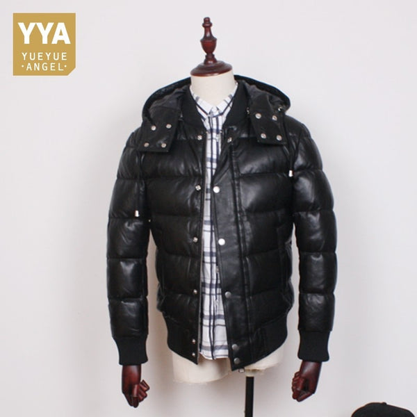Brand Luxury Sheepskin Genuine Leather White Duck Down Coats Winter Thick Warm Hooded Back Slim Real Leather Jackets Casual Mens