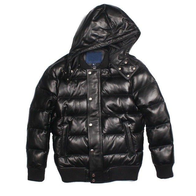 Brand Luxury Sheepskin Genuine Leather White Duck Down Coats Winter Thick Warm Hooded Back Slim Real Leather Jackets Casual Mens