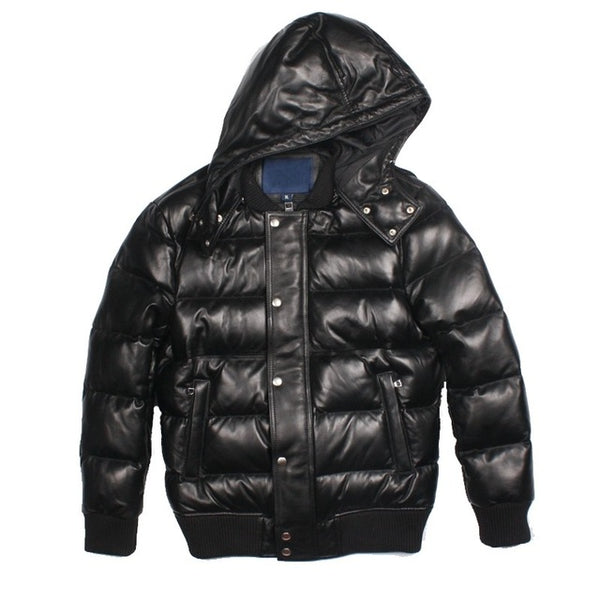 Brand Luxury Sheepskin Genuine Leather White Duck Down Coats Winter Thick Warm Hooded Back Slim Real Leather Jackets Casual Mens