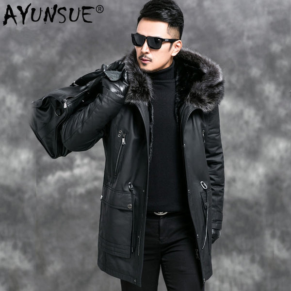 AYUNSUE 2019 New Genuine Cow Leather Jacket Men Warm Winter Parka Real Fur Coat Raccon Fur Collar Mink Fur Liner Jackets 4545