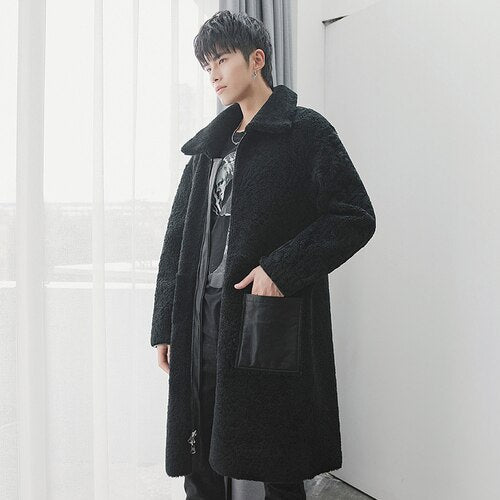 Real Fur Coat Men Long Winter Genuine Leather Jacket Men Sheep Shearling Natural Merino Wool Fur Coats Double-sided Wear 18281