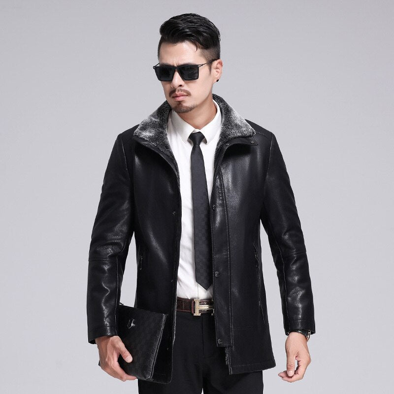 new luxurious Men's Winter Leather Jacket Casual Coat Fur Collar Thick Velvet Warm Motorcycle Leather Jackets