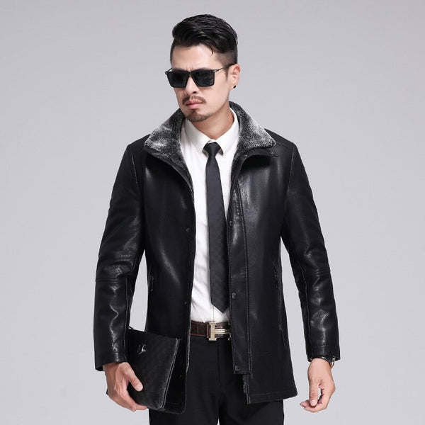 new luxurious Men's Winter Leather Jacket Casual Coat Fur Collar Thick Velvet Warm Motorcycle Leather Jackets