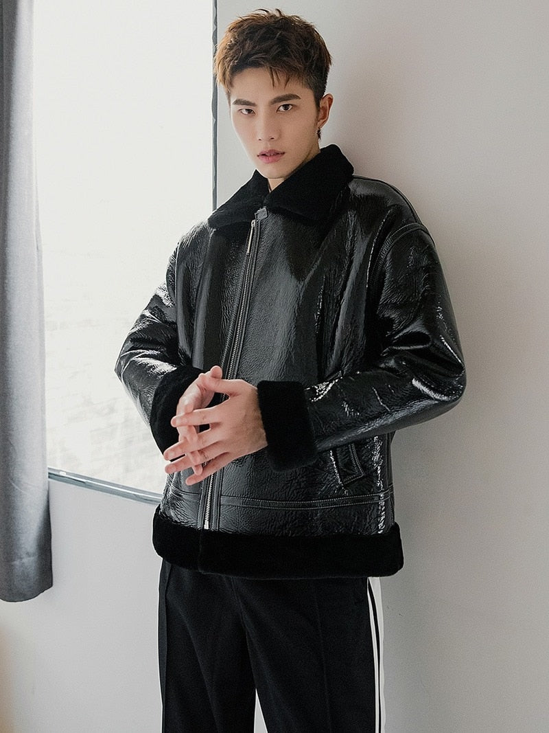 Genuine Leather Jacket Men Winter Real Fur Coat Natural Original Merino Wool Fur Jacket Shiny Motorcycle Leather Coats 19578