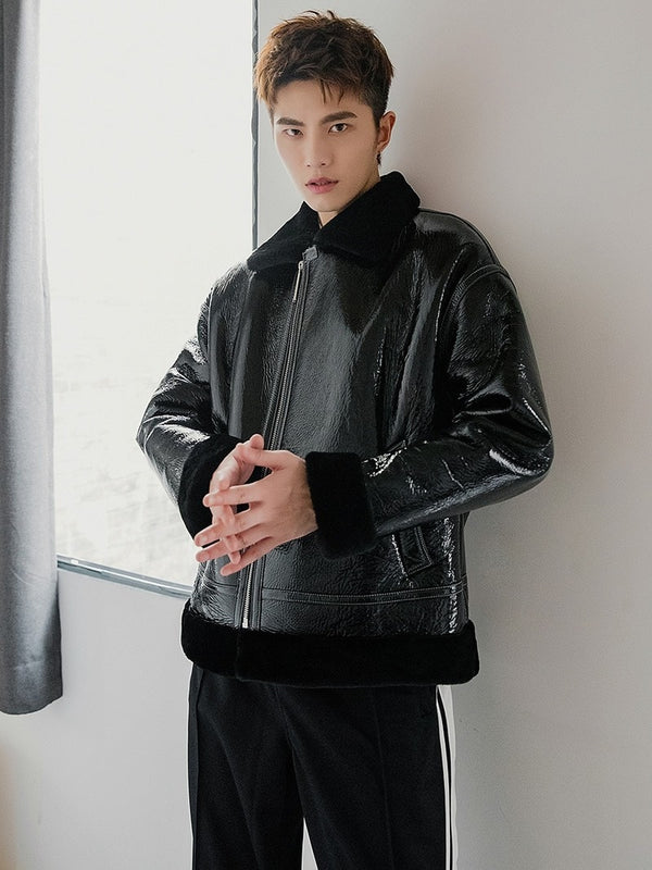 Genuine Leather Jacket Men Winter Real Fur Coat Natural Original Merino Wool Fur Jacket Shiny Motorcycle Leather Coats 19578