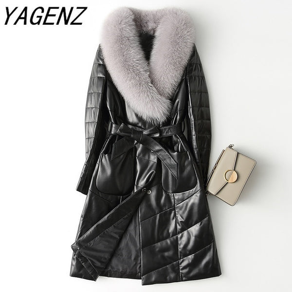2019 New Fashion Winter Women Fox collar Down Leather Jacket Black Slim Long Overcoat Coats Plus size 4XL Brand Ladies Clothing
