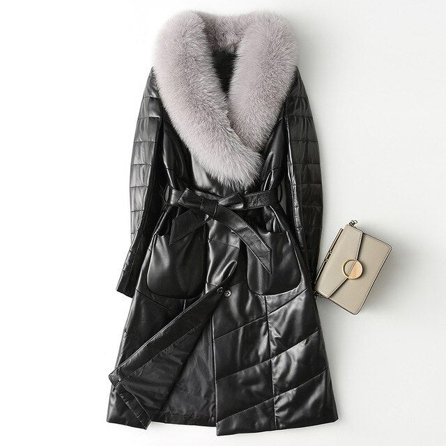 2019 New Fashion Winter Women Fox collar Down Leather Jacket Black Slim Long Overcoat Coats Plus size 4XL Brand Ladies Clothing