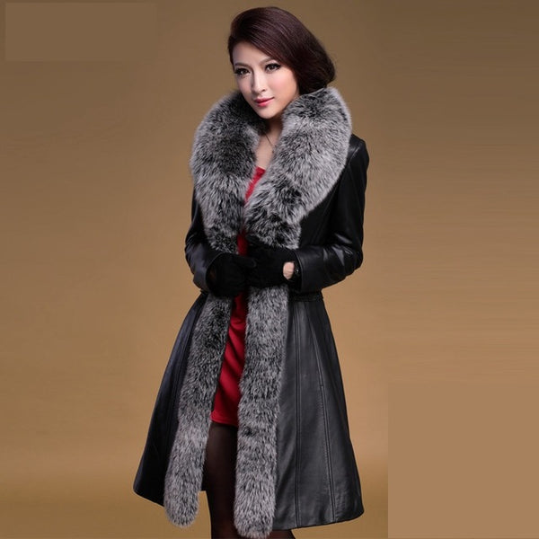 Large size 5XL Winter Women Fox fur Down Jacket Coats 2019 High grade Slim Black Temperament Long Leather Jacket Warm Outerwear