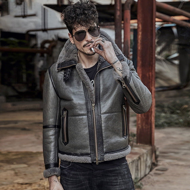 Men Sheepskin Shearling Jacket Mens Genuine Leather Jackets Thick Outerwear Motorcycle Jackets Fashion Short Winter Fur Coat
