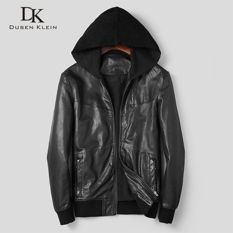 Men Genuine Leather Jacket Sheepskin Hooded Jackets Casual Short Black Pockets 2019 Autumn New Jacket Washed Leather S1017