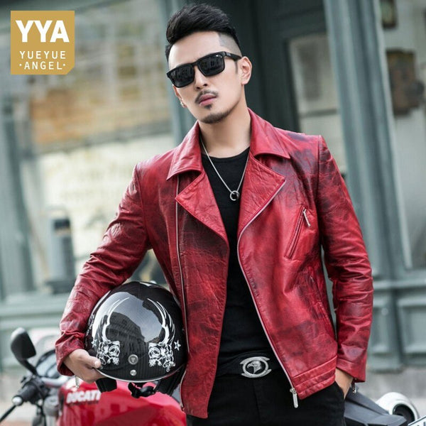2019 New Mens Luxury Sheepskin Genuine Leather Jacket Slim Fit Motorcycle Leather Jacket Men Punk Designer Red Outwear Coat 4XL
