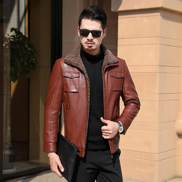 Plus 10XL 8XL 6XL Men Leather Jacket Autumn Winter Warm Fur Lining Lapel Leather outerwear layer дубленка мужская кожаная Coat