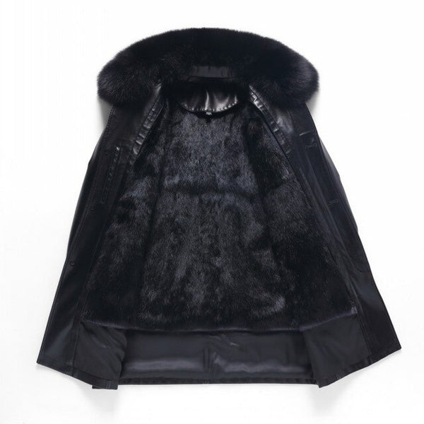 Luxury Men High Quality Leather Jacket 2019 New Mink Fur Collar Rabbit Fur Liner Winter Thick Outerwear Business Casual Coat