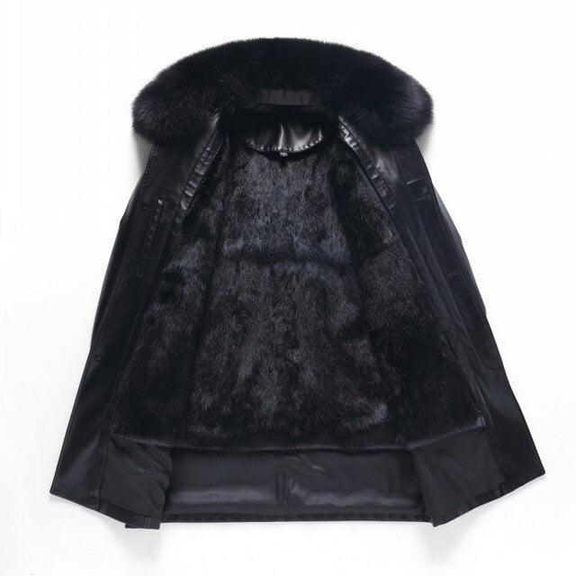 Luxury Men High Quality Leather Jacket 2019 New Mink Fur Collar Rabbit Fur Liner Winter Thick Outerwear Business Casual Coat