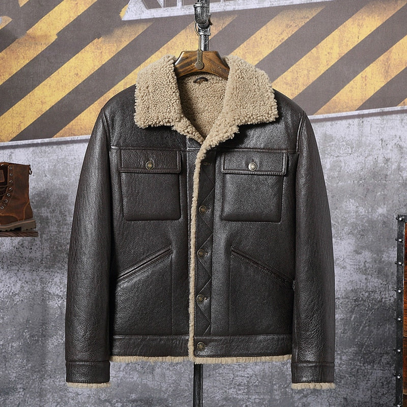 New Winter Thicker Fur one Genuine Leather Coat Men's Single-breasted Sheepskin Leather Jacket Men Shearling Brown Coats