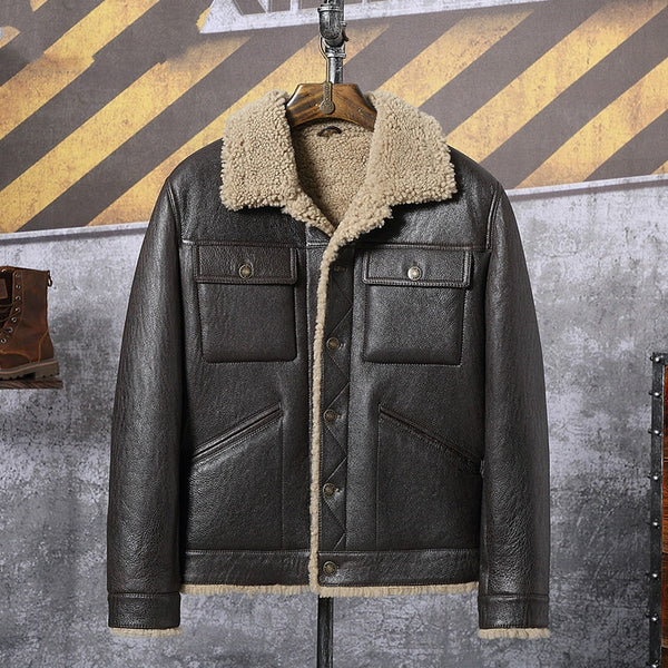 New Winter Thicker Fur one Genuine Leather Coat Men's Single-breasted Sheepskin Leather Jacket Men Shearling Brown Coats