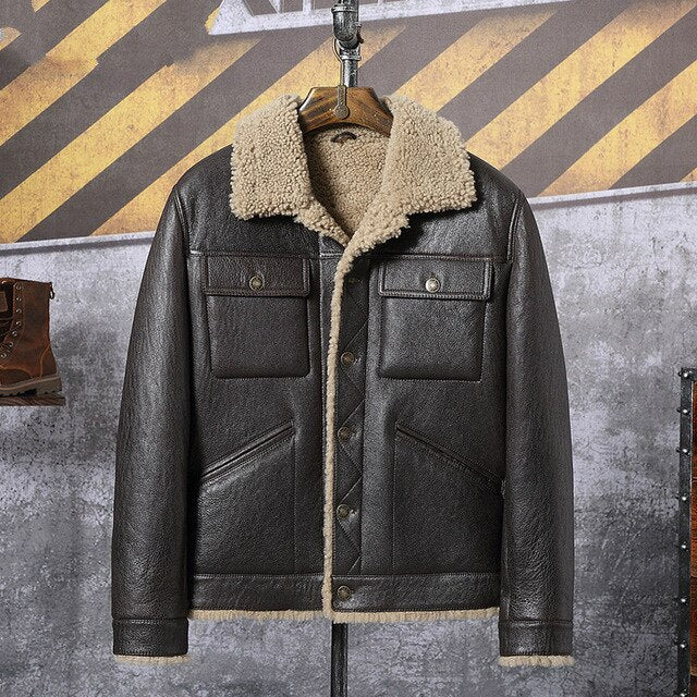 New Winter Thicker Fur one Genuine Leather Coat Men's Single-breasted Sheepskin Leather Jacket Men Shearling Brown Coats