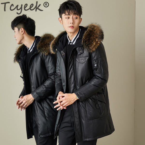 Tcyeek Genuine Leather Jacket Men Winter Clothes 2019 Thick Warm Duck Down Sheepskin Coat Raccoon Fur Hooded Jacket Hiver 807098