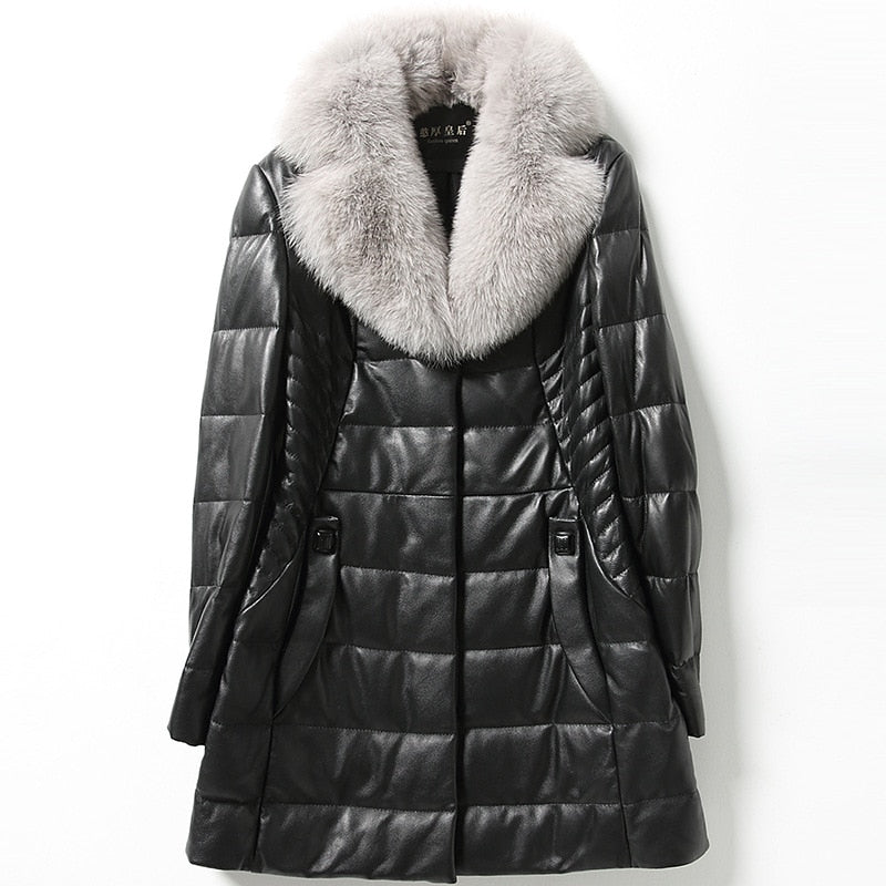 Winter Fashion Black Plus Size 4xl 5xl 6xl Warm Thick Women Leather Coat Sheepskin Medium Length Pockets Jackets