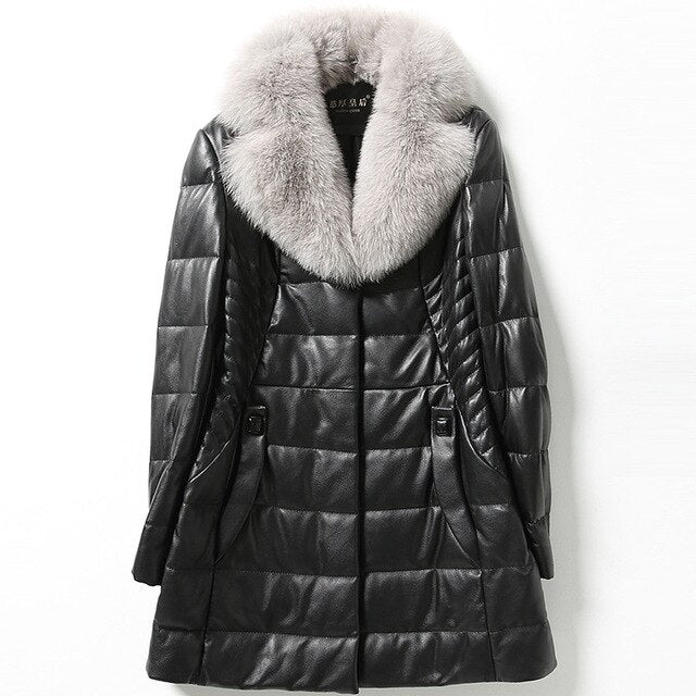 Winter Fashion Black Plus Size 4xl 5xl 6xl Warm Thick Women Leather Coat Sheepskin Medium Length Pockets Jackets