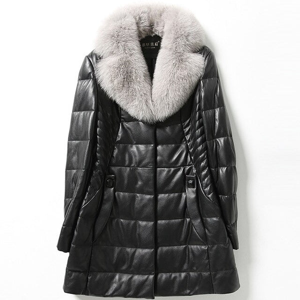 Winter Fashion Black Plus Size 4xl 5xl 6xl Warm Thick Women Leather Coat Sheepskin Medium Length Pockets Jackets