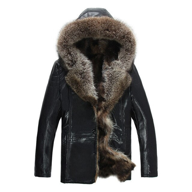 Mens Genuine Leather Jackets Real Raccoon Fur Coats Shearling Winter Coats Snow Clothes Warm Thicking Outwear Plus Size 4XL 5XL