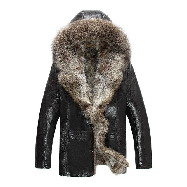 Mens Genuine Leather Jackets Real Raccoon Fur Coats Shearling Winter Coats Snow Clothes Warm Thicking Outwear Plus Size 4XL 5XL