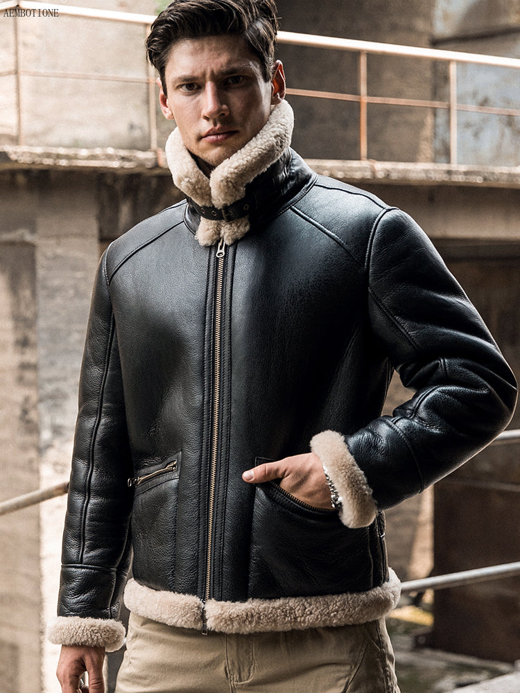 New Men Winter Thicker Fur One Leather Coat Men's Sheepskin Leather Jacket High-end Mens Shearling Locomotive Fur Air Force Suit