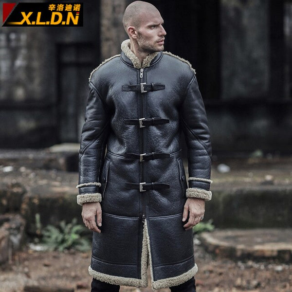 New Real Sheepskin Fur Coat Genuine Leather Male Casual Winter Thick Mens Leather Jacket Warm Men Fur Long Outwear