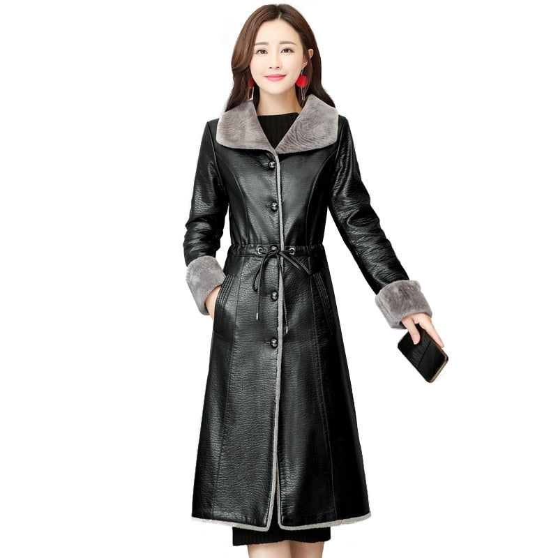 2019 Winter Warm Leather Jacket Women Fashion Sheepskin Coat Long Lamb Cashmere Outerwear Black Large Size 5XL M384