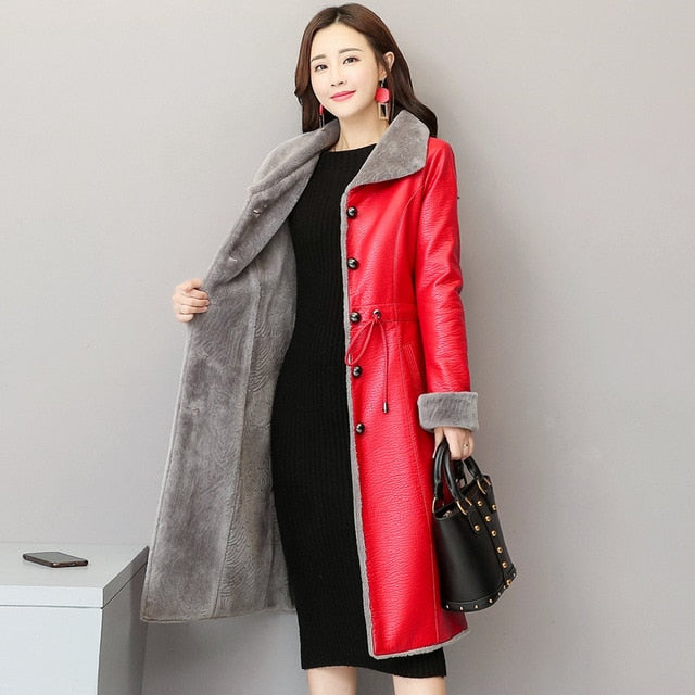 2019 Winter Warm Leather Jacket Women Fashion Sheepskin Coat Long Lamb Cashmere Outerwear Black Large Size 5XL M384