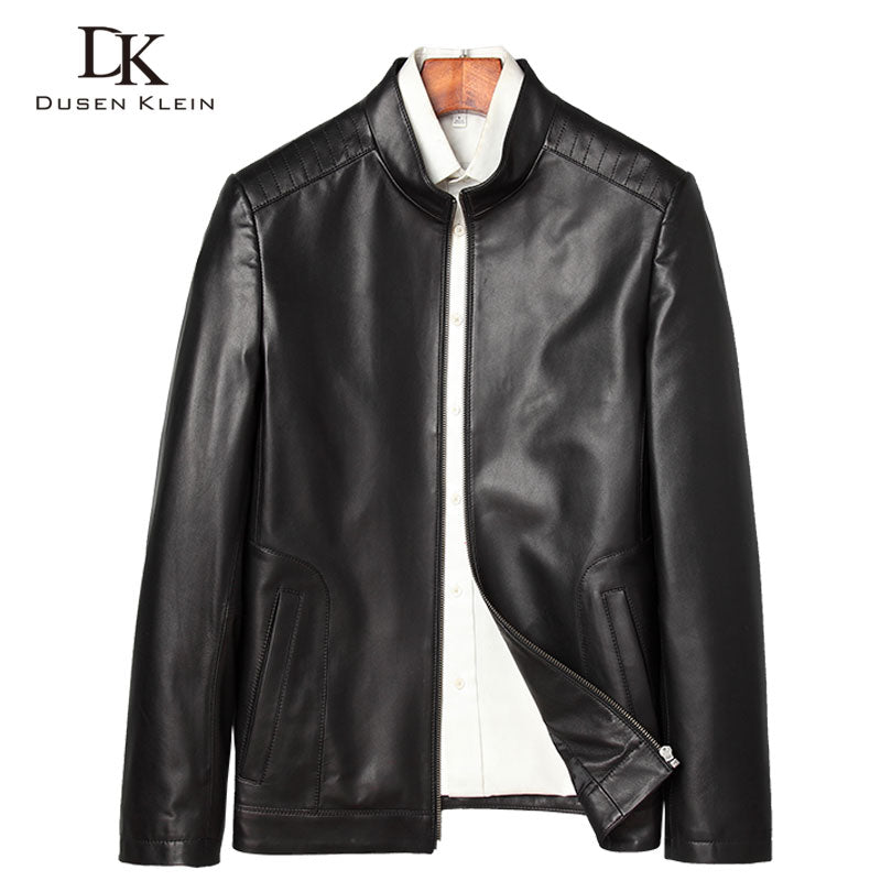 Men Genuine Leather Jacket Real Sheepskin Jakcets Casual Short Black Stand Collar Pockets 2019 Spring Jacket for Man J7865