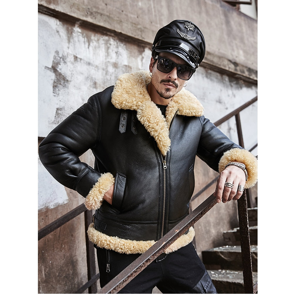 Mens B3 Sheepskin Coat Short Leather Jacket Airforce Flight Coat Motorcycle Jacket Winter Mens Fur Coat