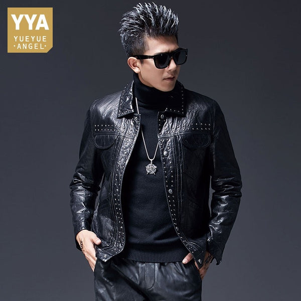 Mens Rivet Fashion Moto Biker Leather Jacket Clothing Leather Sheepskin Slim Fit Coats Male Zippers Long Sleeve Natural Leather