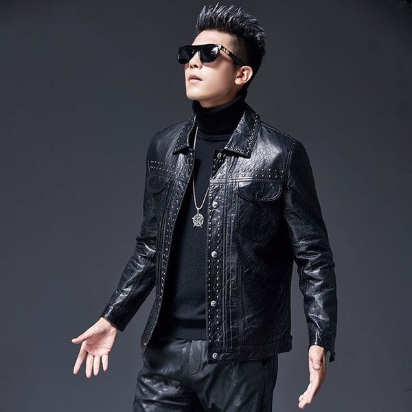 Mens Rivet Fashion Moto Biker Leather Jacket Clothing Leather Sheepskin Slim Fit Coats Male Zippers Long Sleeve Natural Leather