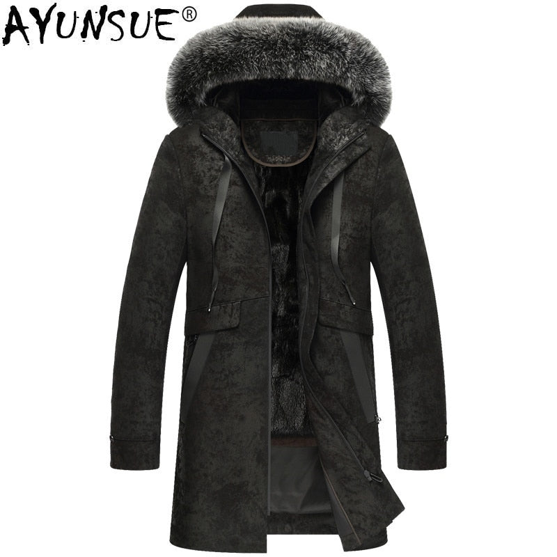 AYUSNUE Genuine Leather Jacket Men Winter Real Mink Fur Liner Fox Fur Collar Sheepskin Coat Mens Mink Jackets -6-7-7-8- KJ3104