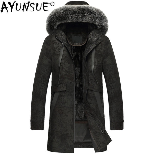AYUSNUE Genuine Leather Jacket Men Winter Real Mink Fur Liner Fox Fur Collar Sheepskin Coat Mens Mink Jackets -6-7-7-8- KJ3104