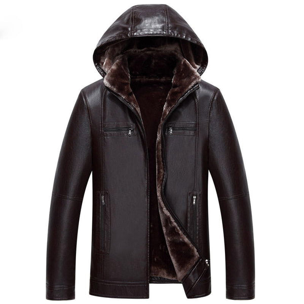 Suitable for Men's Fur one Leather Men's long Hooded leather jacket 2018 Winter Imitation Fur jacket More size M-XXXL 4XL 5XL