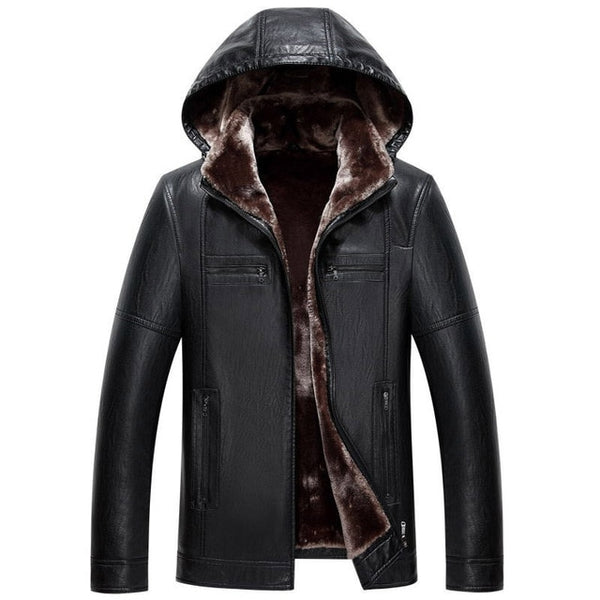 Suitable for Men's Fur one Leather Men's long Hooded leather jacket 2018 Winter Imitation Fur jacket More size M-XXXL 4XL 5XL