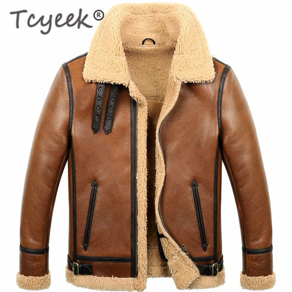 Tcyeek Real Fur Coat Winter Men Clothes 2019 100% Genuine Leather Jacket Sheep Shearling Bomber Jacket Sheepskin Coat Hiver M860