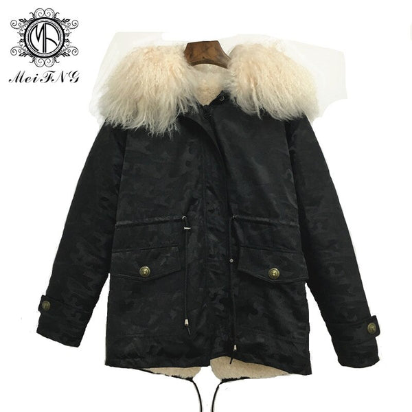 Parkas 2019 Popular Camouflage Jacket Short Real Lamb Fur Collar Casual Jacket Men With Hoodies